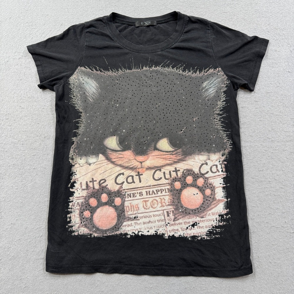 Y2K Graphic T-Shirt Women's Small Black Rhinestone Embellished Streetwear Grunge